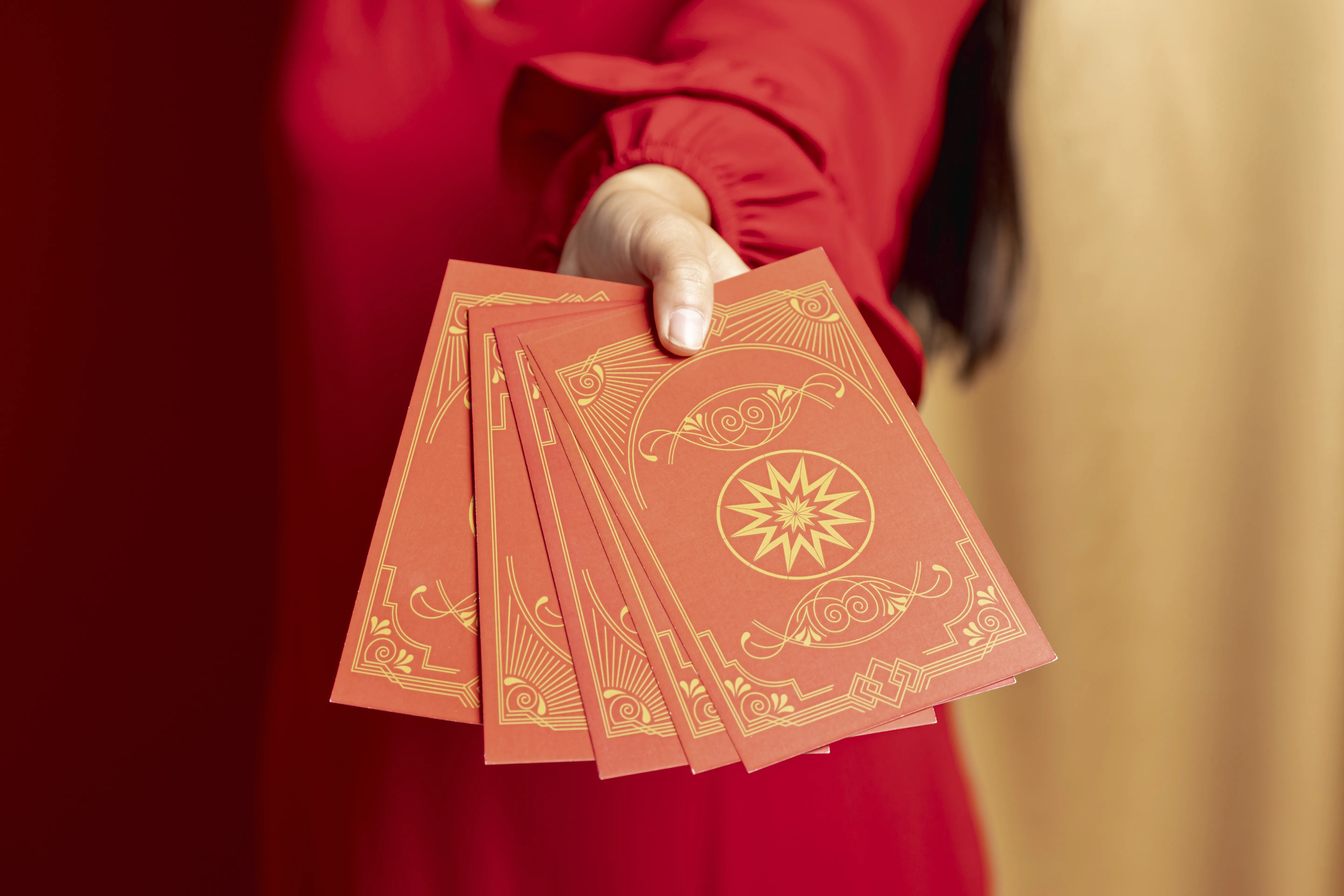 Patterned cards laid out on a table